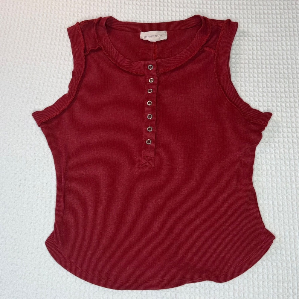 Hippie Rose Womens Burgundy Ribbed Henley Tank Top Sleeveless Red Curved Hem